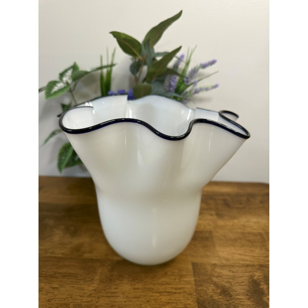 Vintage Milk Glass Ruffled Edge Vase Black Rim Mid Century‎ Decorative Glass